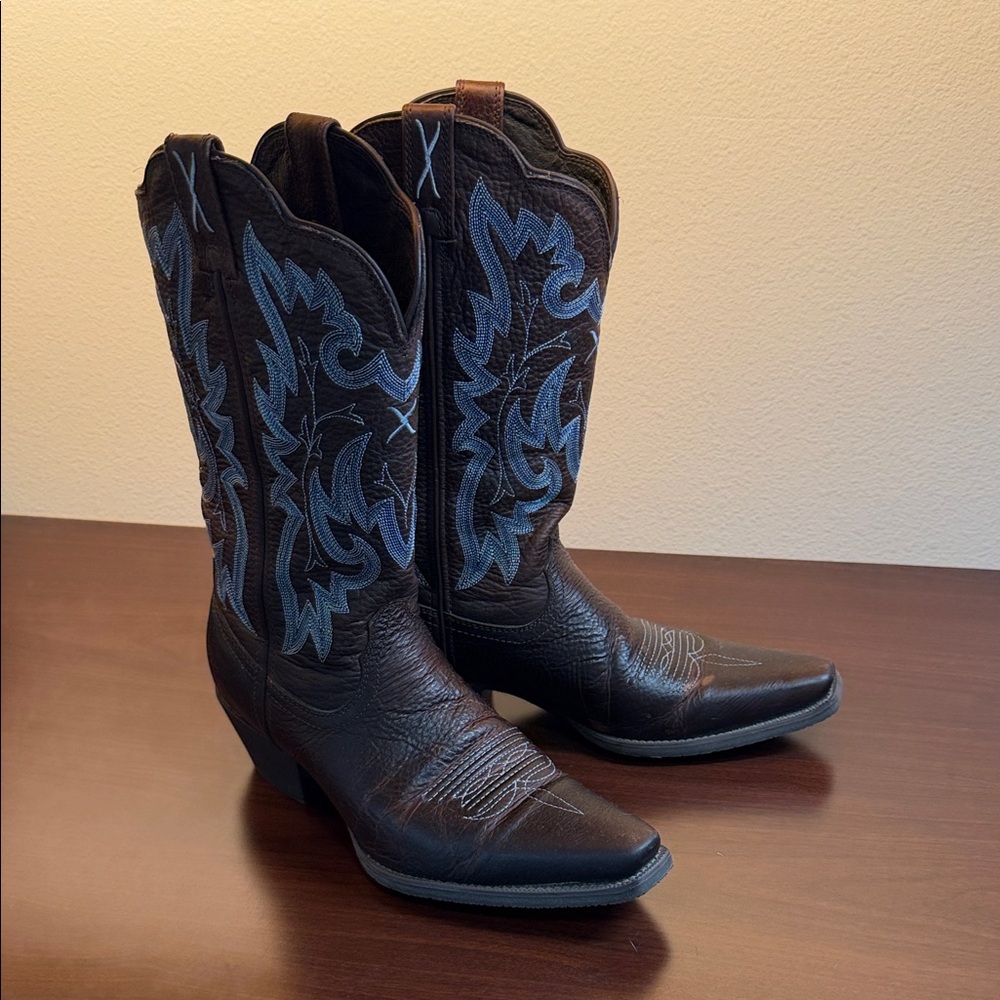 Brown Cowboy Boots with Blue Embroidery